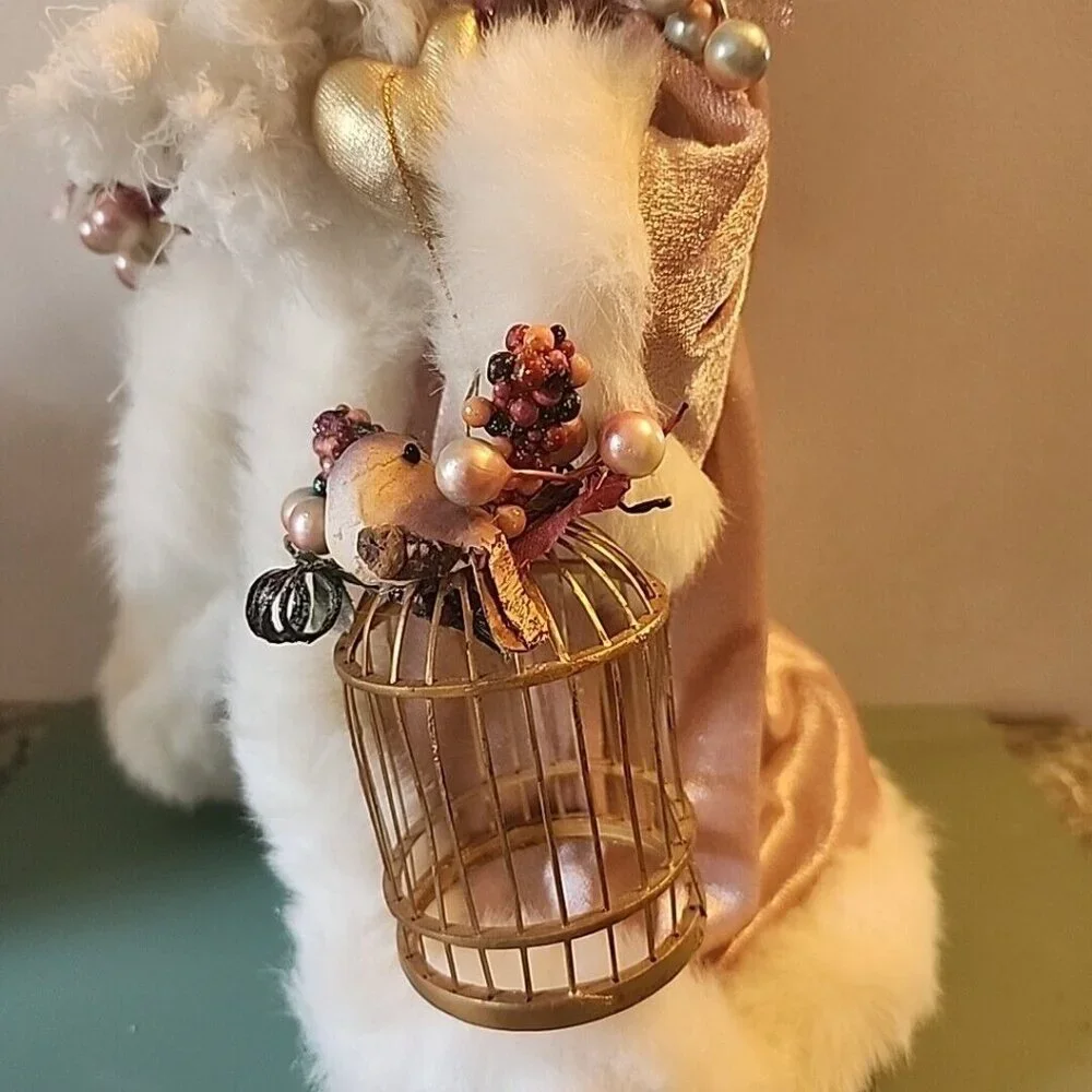 Pink Velvet Santa 13.5” Tree Topper with Birds and Birdcage Fur Floral Vintage